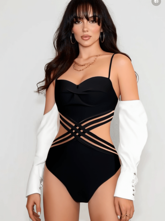 Black Sheer Criss Cross One Piece Swimsuit