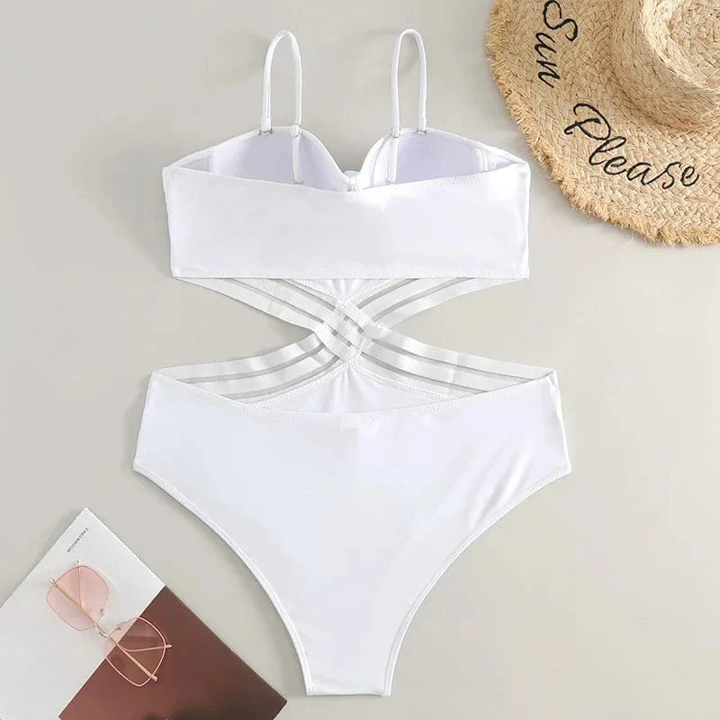 Black Sheer Criss Cross One Piece Swimsuit