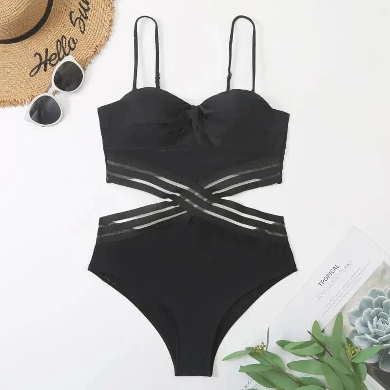 Black Sheer Criss Cross One Piece Swimsuit
