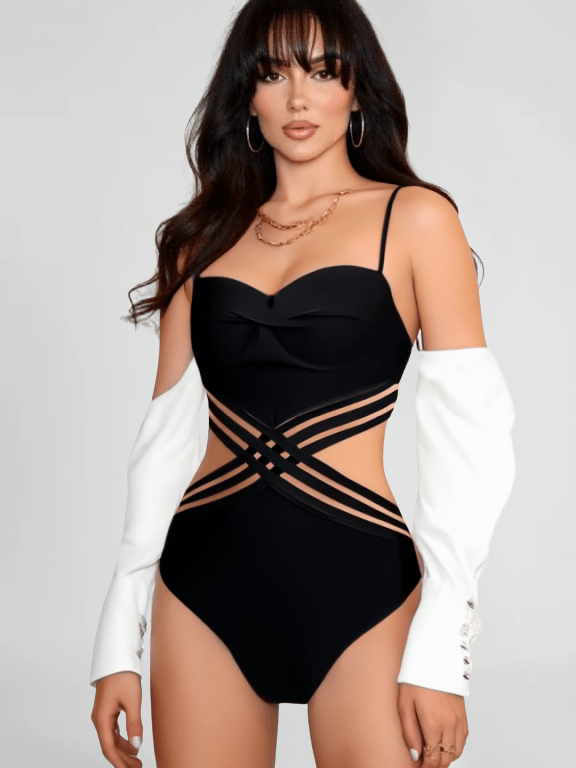 Black Sheer Criss Cross One Piece Swimsuit