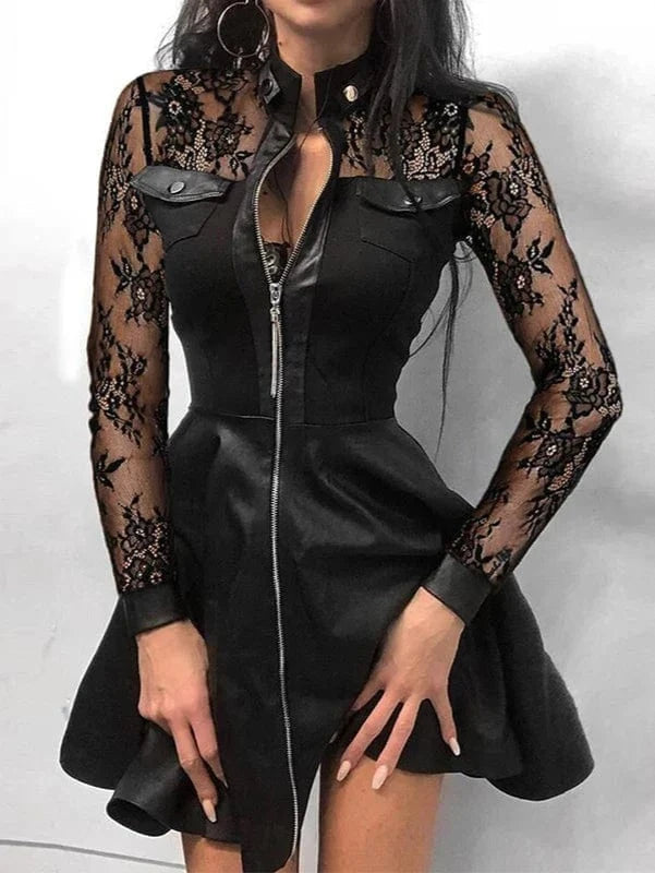 Faux Leather Mini Dress Lace Sleeves