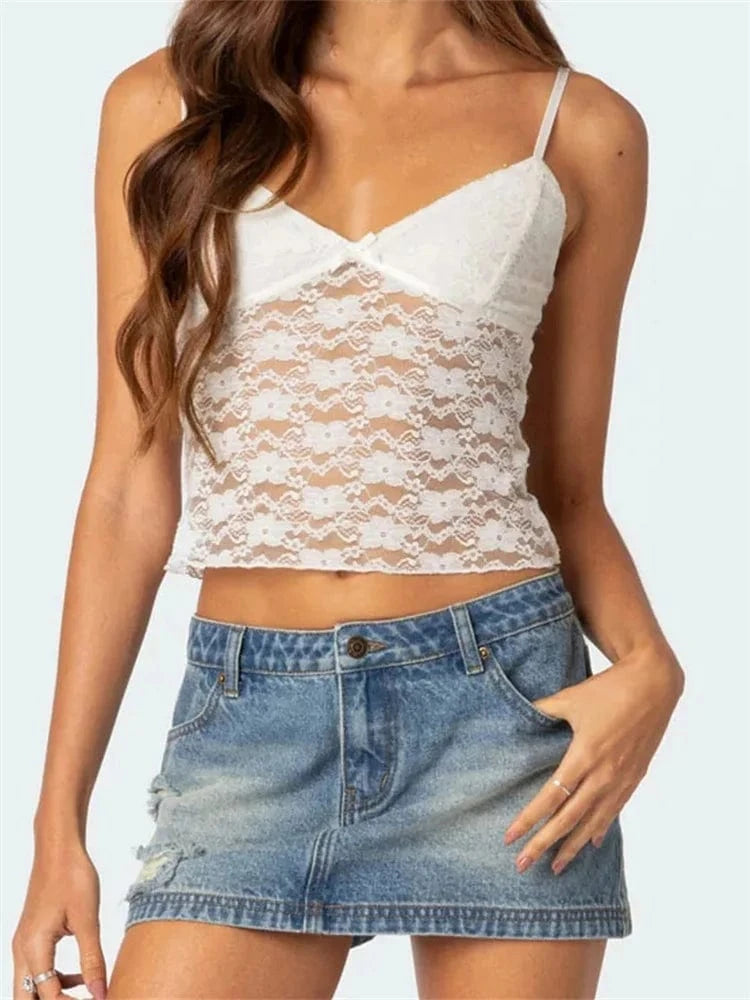 V Neck Lace Crop Top