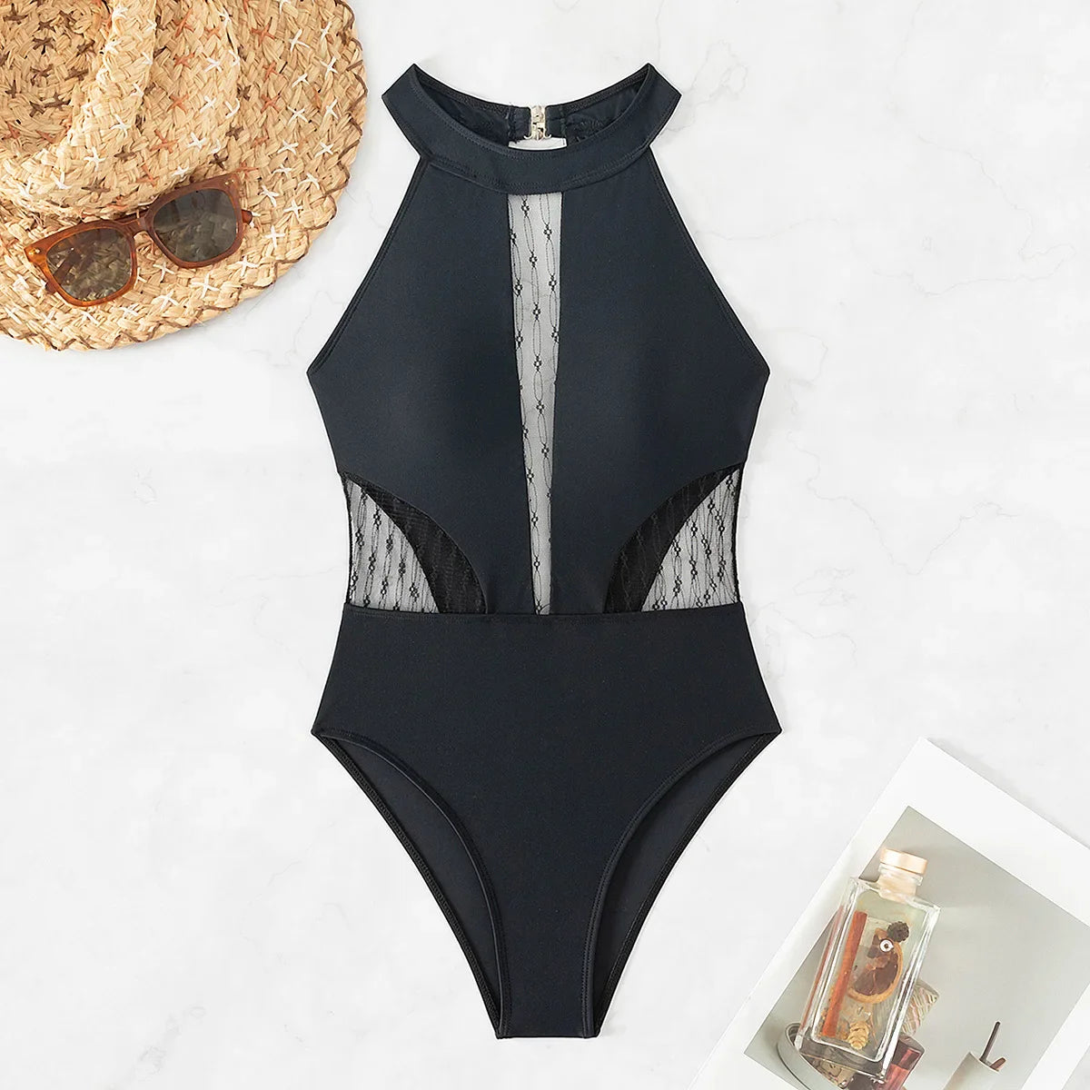 High Neck Mesh One Piece Swimsuit