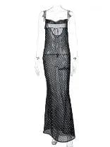 Dulzura Chiffon Polka Dot Women Strap Maxi Dress Lace Up Bandage See Through Sheer Streetwear Party Elegant Club Festival 2020