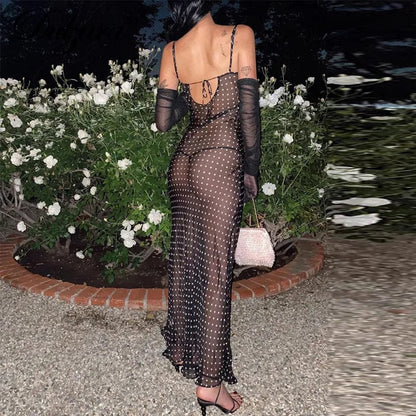 Dulzura Chiffon Polka Dot Women Strap Maxi Dress Lace Up Bandage See Through Sheer Streetwear Party Elegant Club Festival 2020