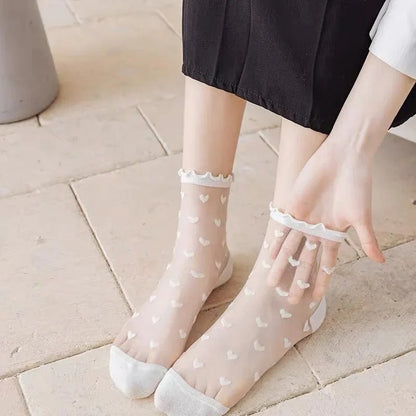 French Lace Socks Women Sexy Ruffled Love Heart Pattern Transparent Sheer Mesh Sweet Glass Fiber Crystal Silk Mid Tube Stocking