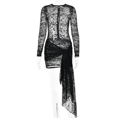 Gtpdpllt Sexy Sheer Lace White Dress Long Sleeve Draped Short Dresses For Women 2023 Party Night Club Black Outfits Y2K