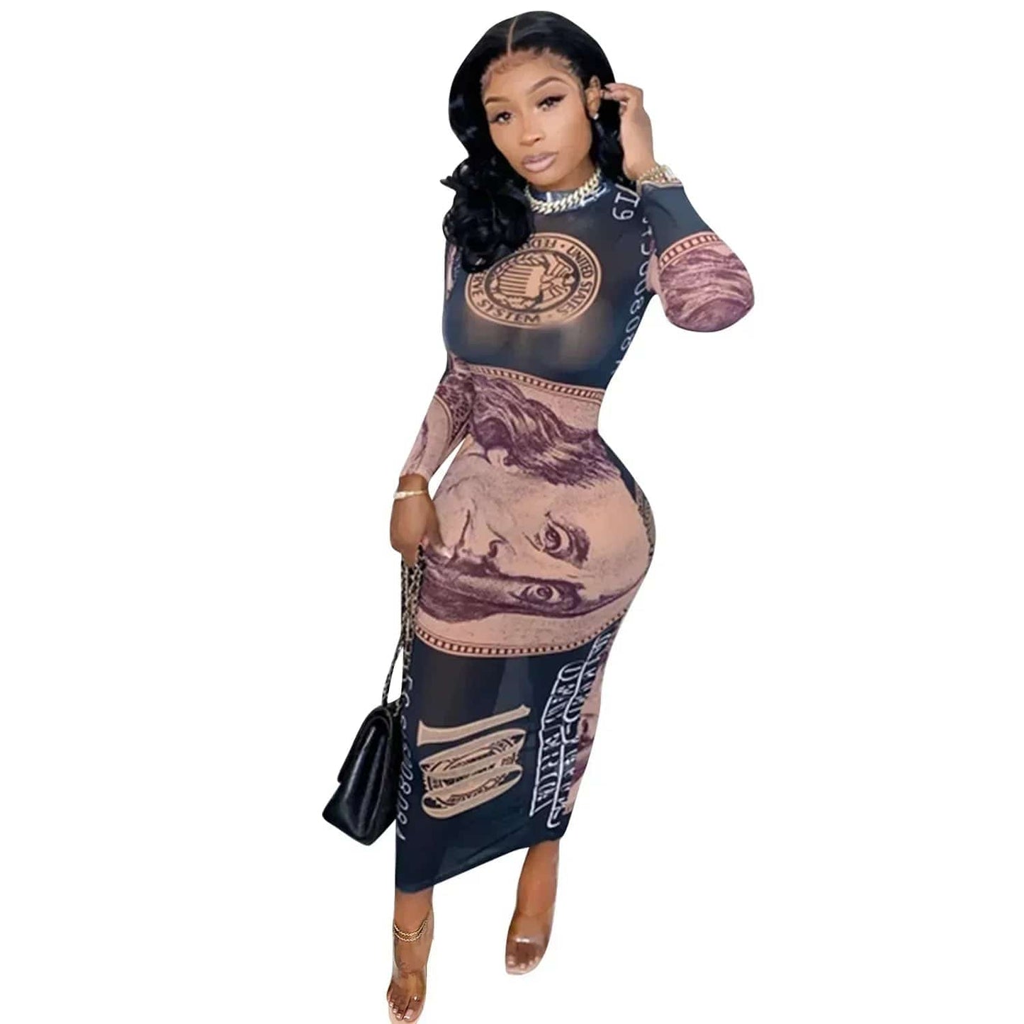 Money Print Mesh See Through Sexy Party Dress Women Skinny Autumn Bodycon Maxi Dress Slim Turtleneck Long Sleeve Robe