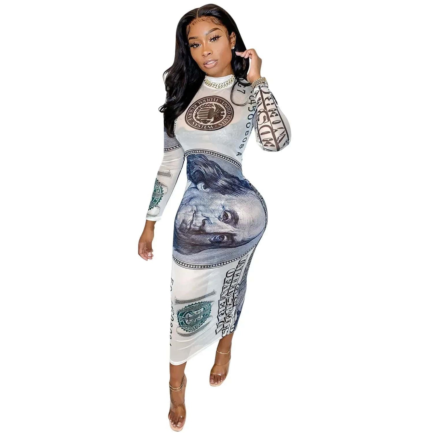 Money Print Mesh See Through Sexy Party Dress Women Skinny Autumn Bodycon Maxi Dress Slim Turtleneck Long Sleeve Robe