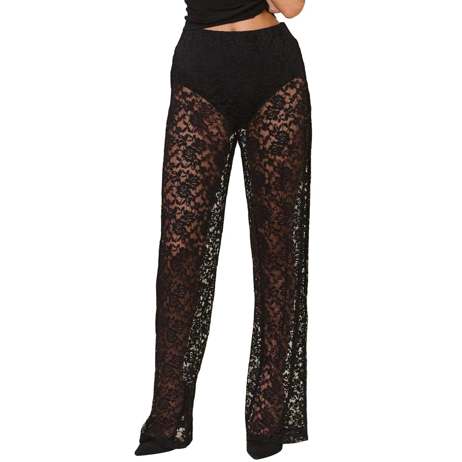 See-Through Lace High Waist Pants for Women Wide Leg Flare Pants Bell-Bottoms Trousers Streetwear