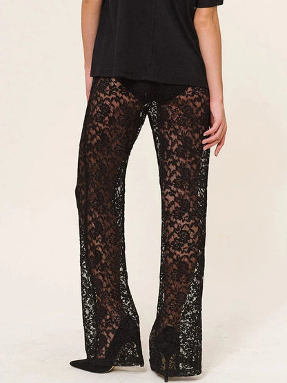 See-Through Lace High Waist Pants for Women Wide Leg Flare Pants Bell-Bottoms Trousers Streetwear