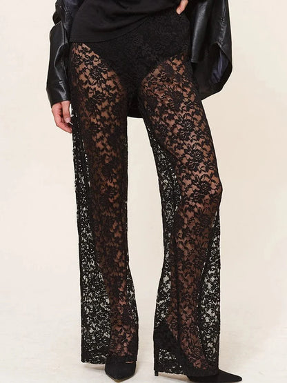 See-Through Lace High Waist Pants for Women Wide Leg Flare Pants Bell-Bottoms Trousers Streetwear