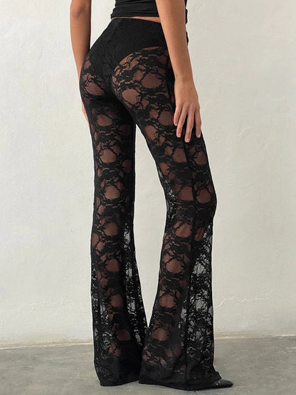 Sexy All-match Lace See-through High Waist Pant Women Long Casual Y2K Straight Trouser Female See Through Flare Pants