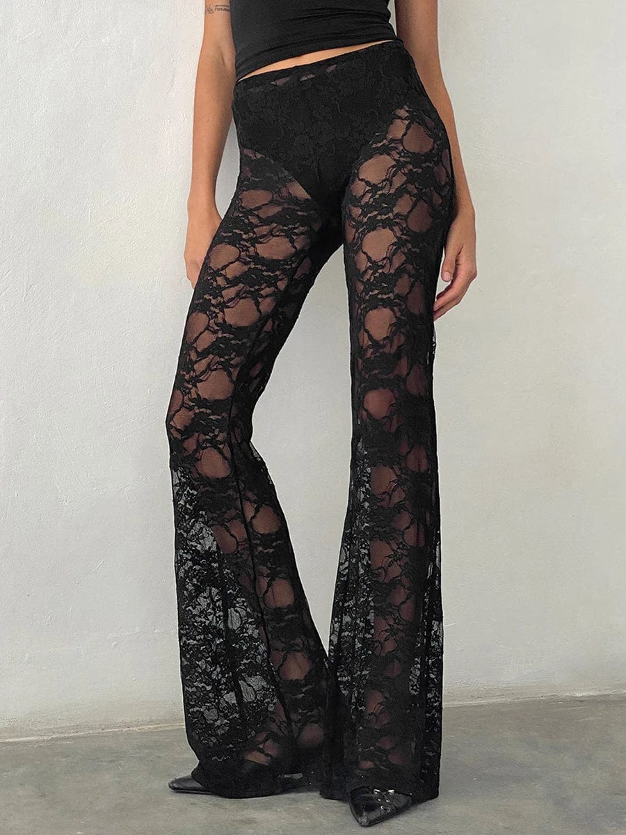 Sexy All-match Lace See-through High Waist Pant Women Long Casual Y2K Straight Trouser Female See Through Flare Pants