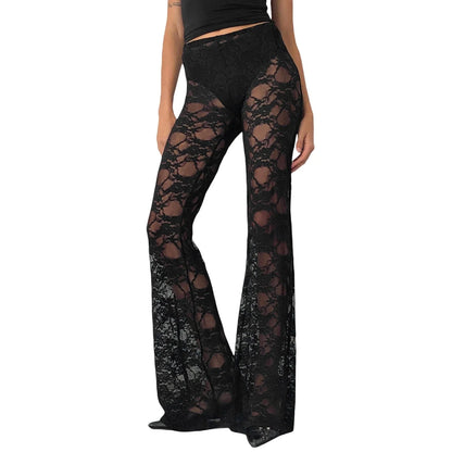 Sexy All-match Lace See-through High Waist Pant Women Long Casual Y2K Straight Trouser Female See Through Flare Pants