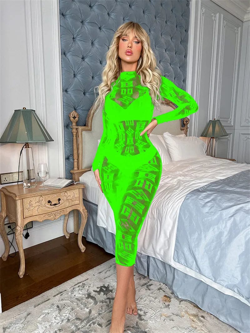 Sexy See Through Bodycon Women Dress Long Sleeve Letter Printed Spring Clothing Night Club Party Knitted Female Dress Vestidos