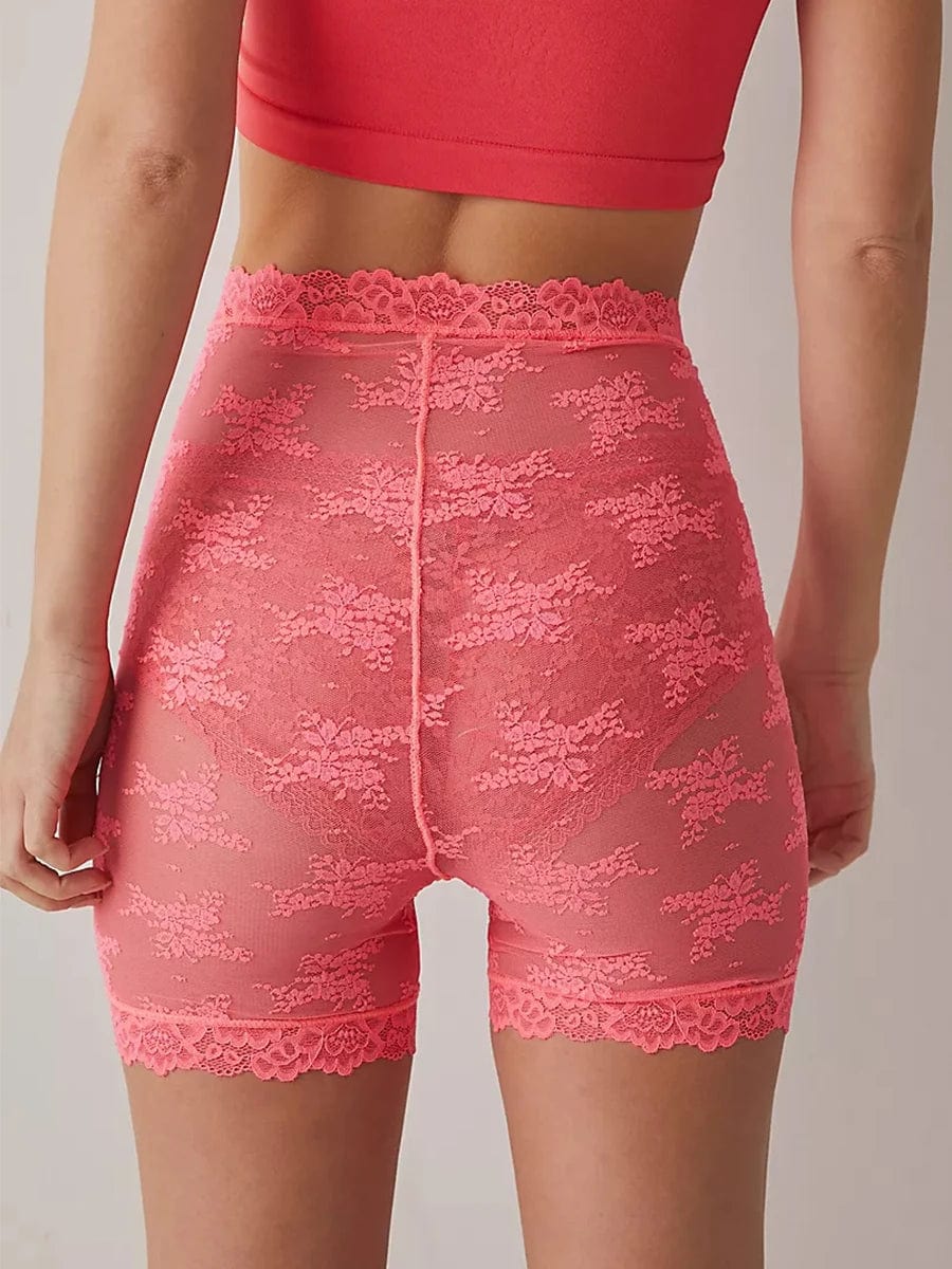 Women Sexy Lace Mesh Sheer Shorts High Elastic Waist See Through Shorts Lace Floral Anti-Chafing Panty Shorts