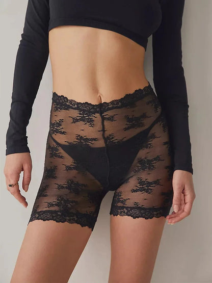 Women Sexy Lace Mesh Sheer Shorts High Elastic Waist See Through Shorts Lace Floral Anti-Chafing Panty Shorts