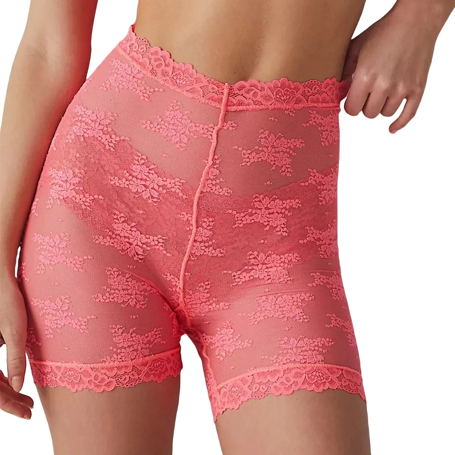 Women Sexy Lace Mesh Sheer Shorts High Elastic Waist See Through Shorts Lace Floral Anti-Chafing Panty Shorts